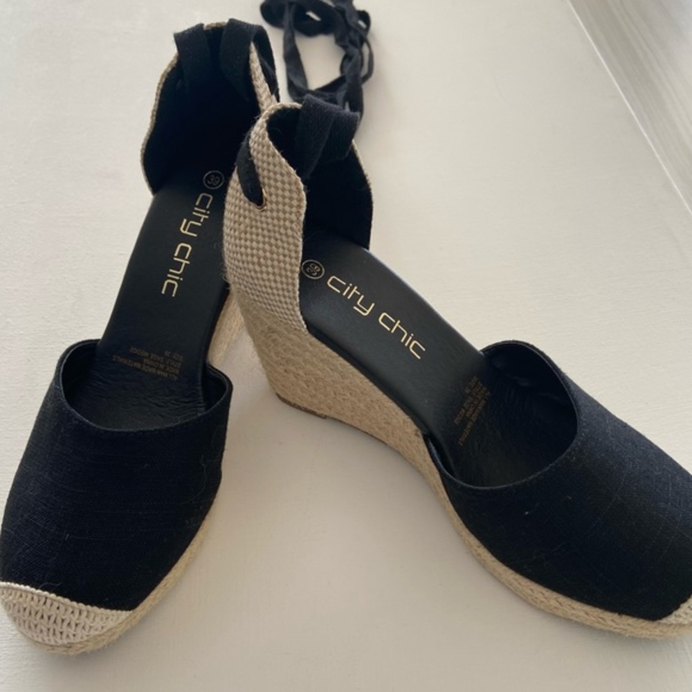 City Chic black and jute Espedrille wedges with black ribbon ties Size 39/8 - Picture 14 of 16